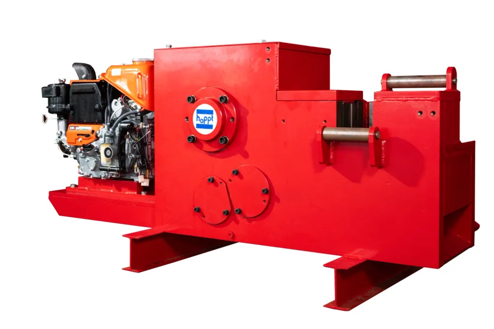 CUT43H bar cutter — three-quarter view from the engine end, with the Kubota diesel engine