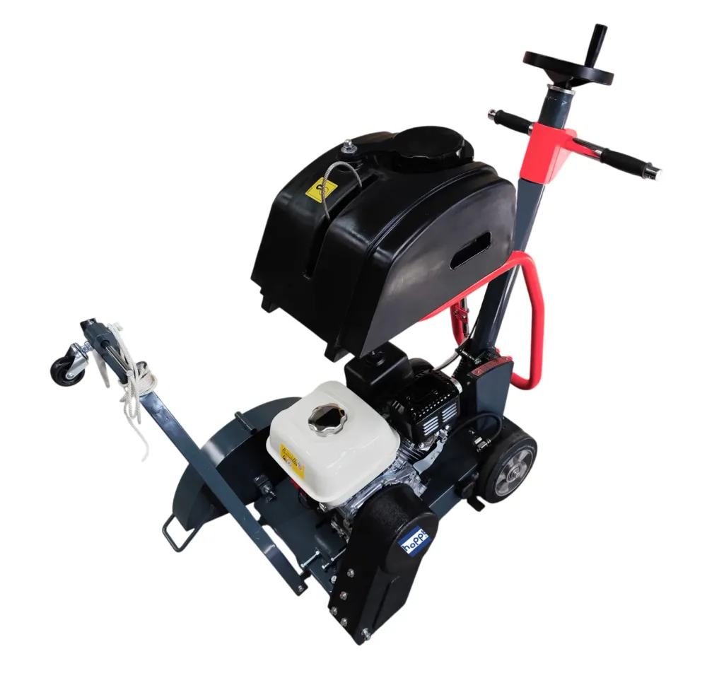 HCC14B concrete cutter — three-quarter view from above, with the water tank and depth handwheel