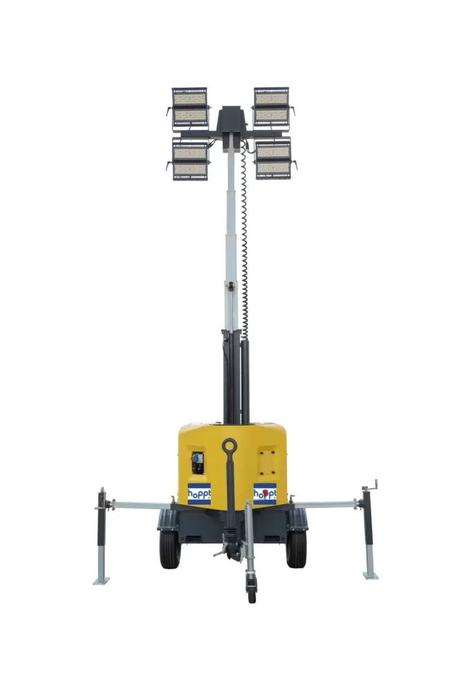 HLT8-1600M/H hydraulic mast LED light tower — front view, mast raised with four LED lamps and stabiliser legs out