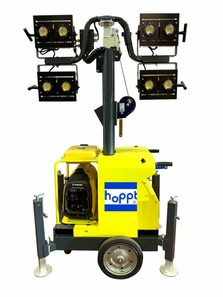 HLT8-640L hybrid light tower — front view with four LED lamp heads, wheels and stabiliser legs